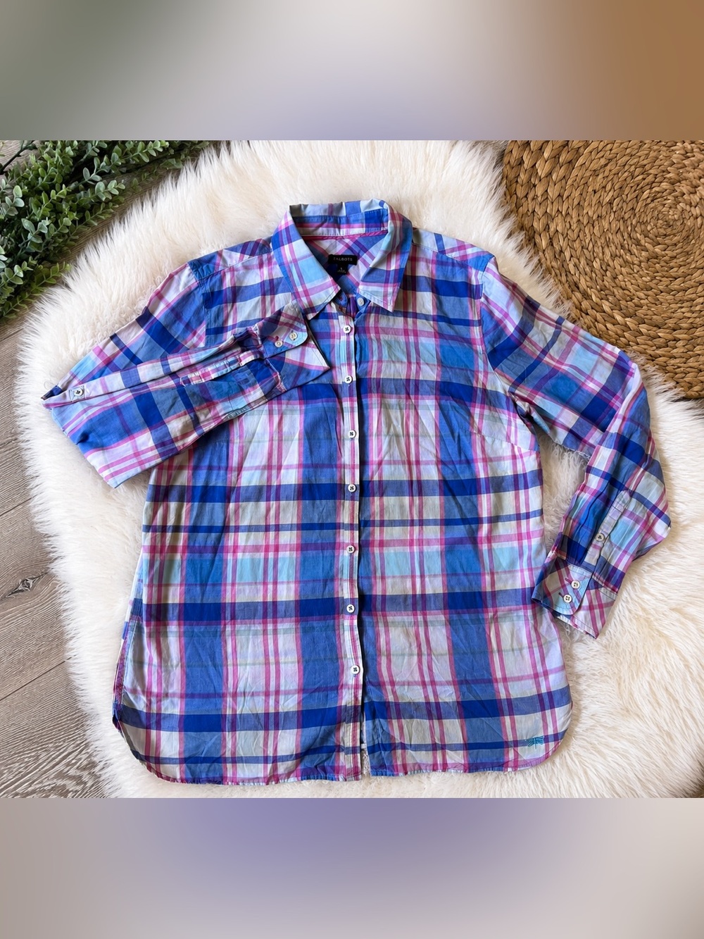 Talbots Girls Plaid Button-Down Shirt in Blue & Pink